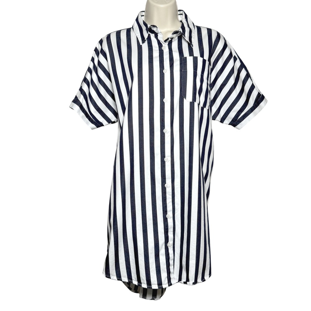 A New Day Womens‎ T-Shirt Dress XS Blue White Striped Classic Cotton Button Up